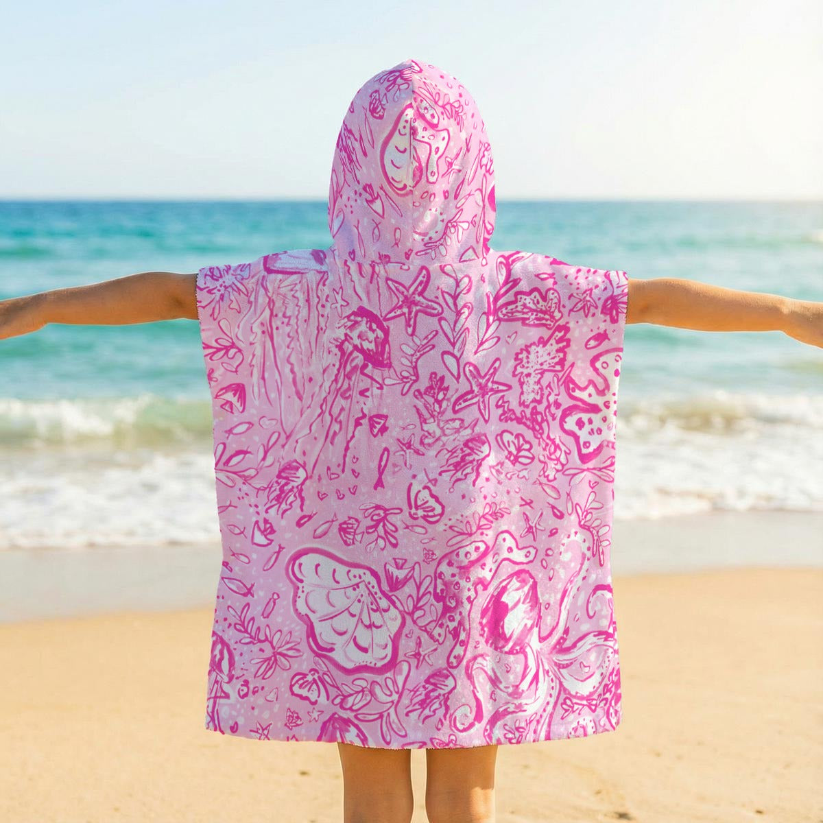 Octopus' Garden Party in Pink on Pink on Pink - Kid's Hooded Towel Poncho
