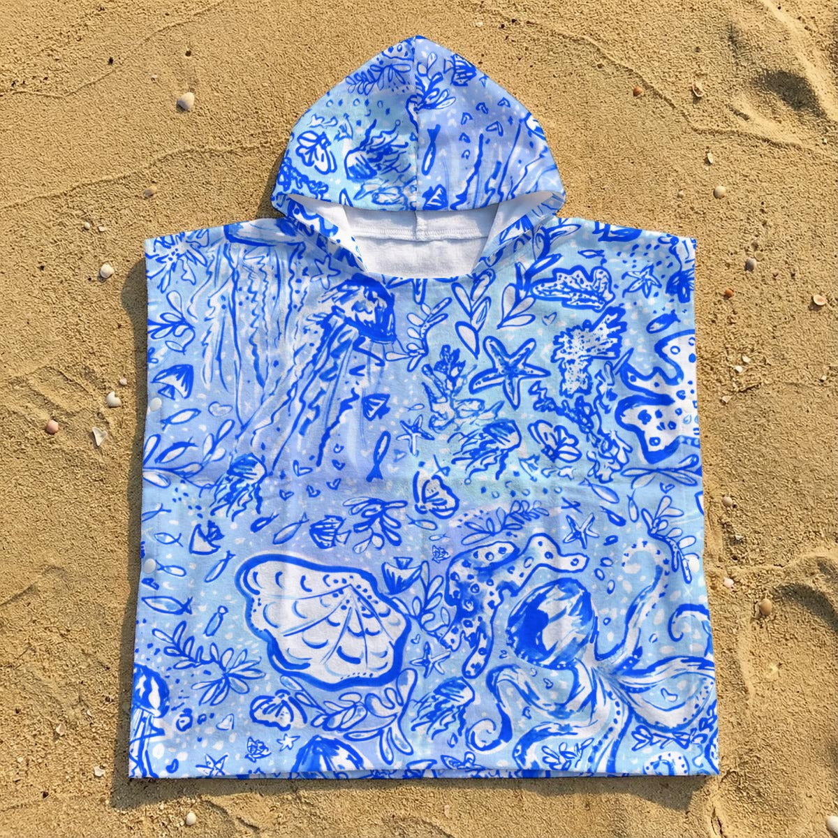 Octopus' Garden Party in Beachy Blue- Kid's Hooded Towel Poncho