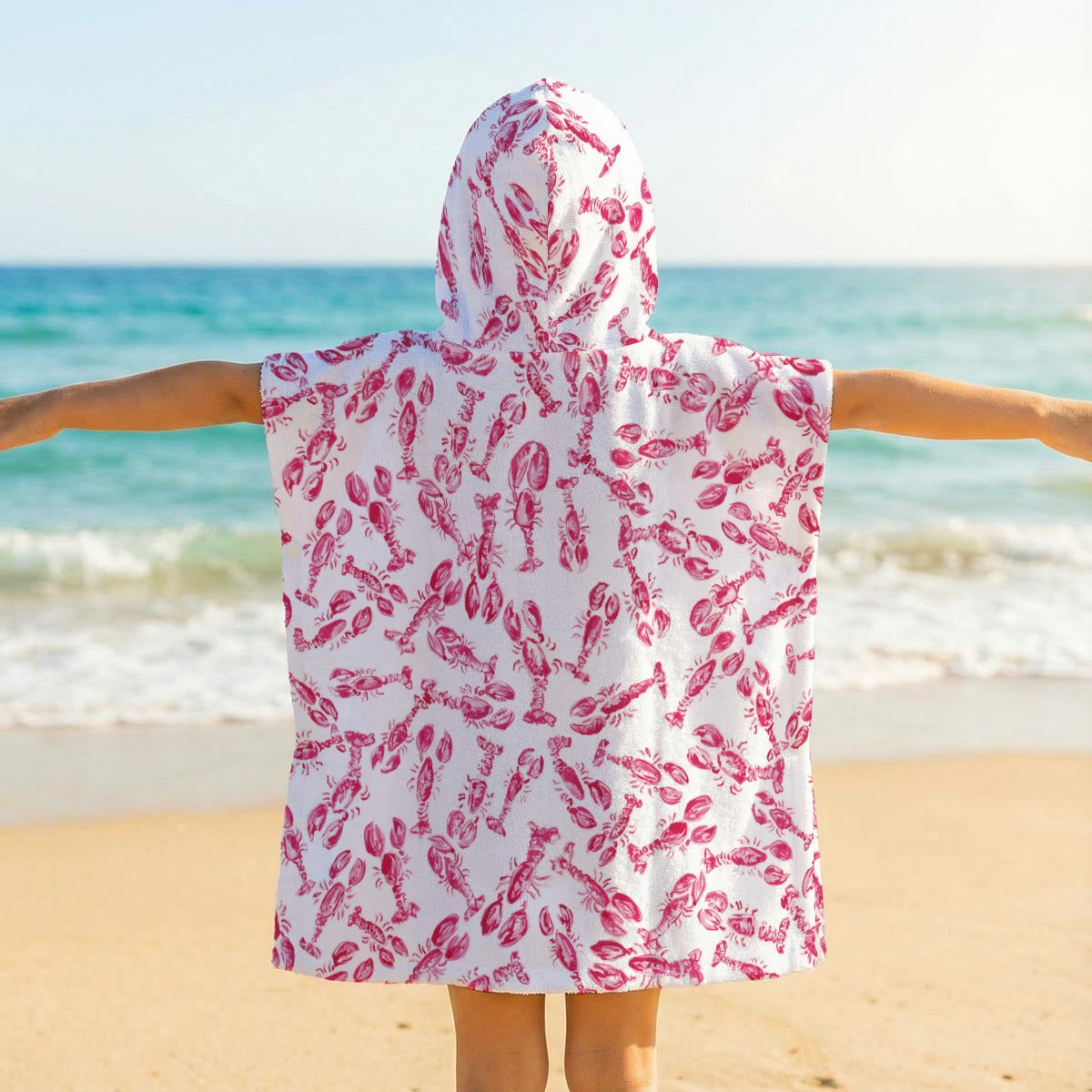 All-Over Print Kid's Hooded Towel Poncho in Lobster Roll Call