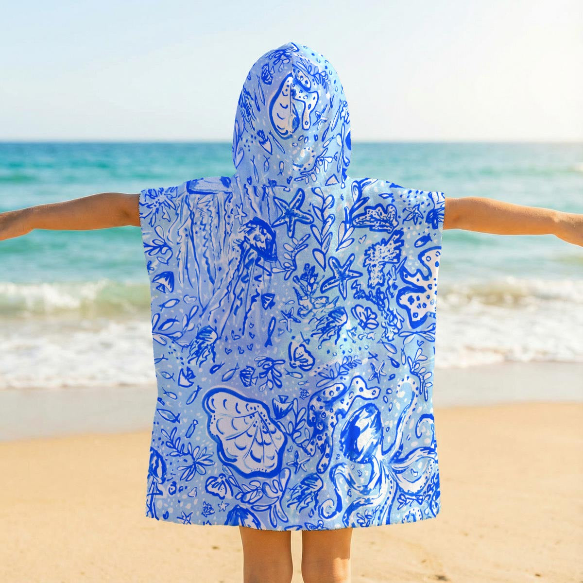 Octopus' Garden Party in Beachy Blue- Kid's Hooded Towel Poncho