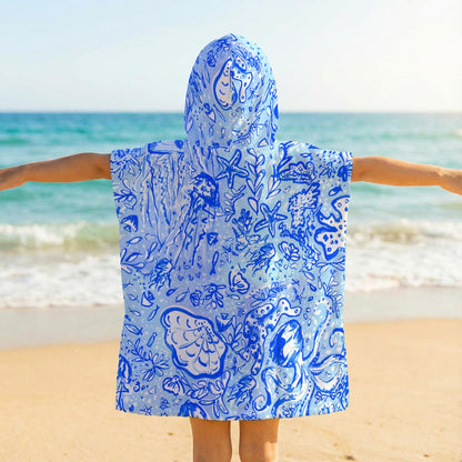 Octopus' Garden Party in Beachy Blue- Kid's Hooded Towel Poncho