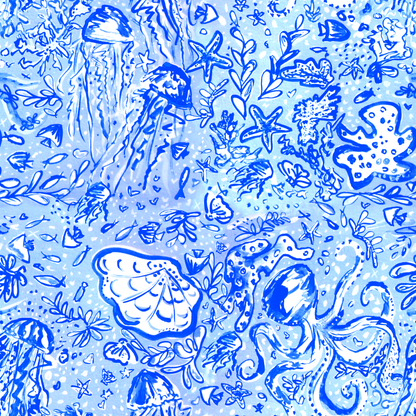 Octopus' Garden Party in Beachy Blue- Kid's Hooded Towel Poncho