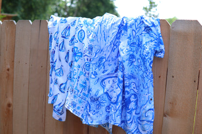 Octopus' Garden Party in Beachy Blue- Kid's Hooded Towel Poncho