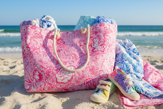 Pink patterned bag with colorful shoes and fabric on a beige surface