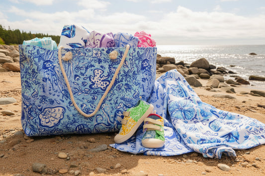 Large Tote bag with rope handles in Octopus' Garden Party in Beachy Blue